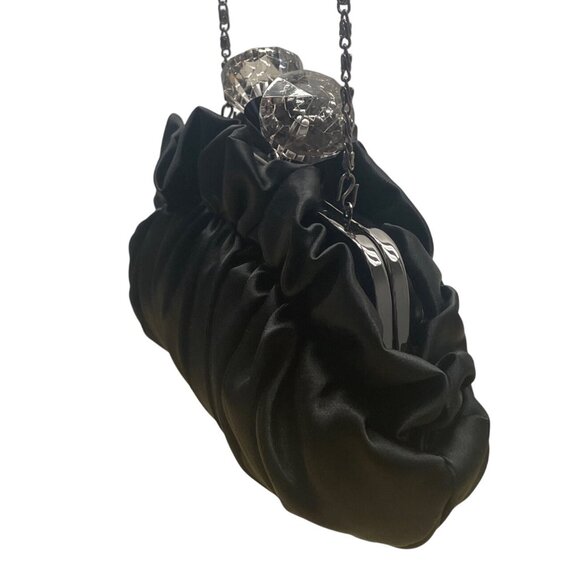 Lulu Townsend Black Satin With Rhinestone Clasp & Chain Strap Evening Clutch - Picture 4 of 11